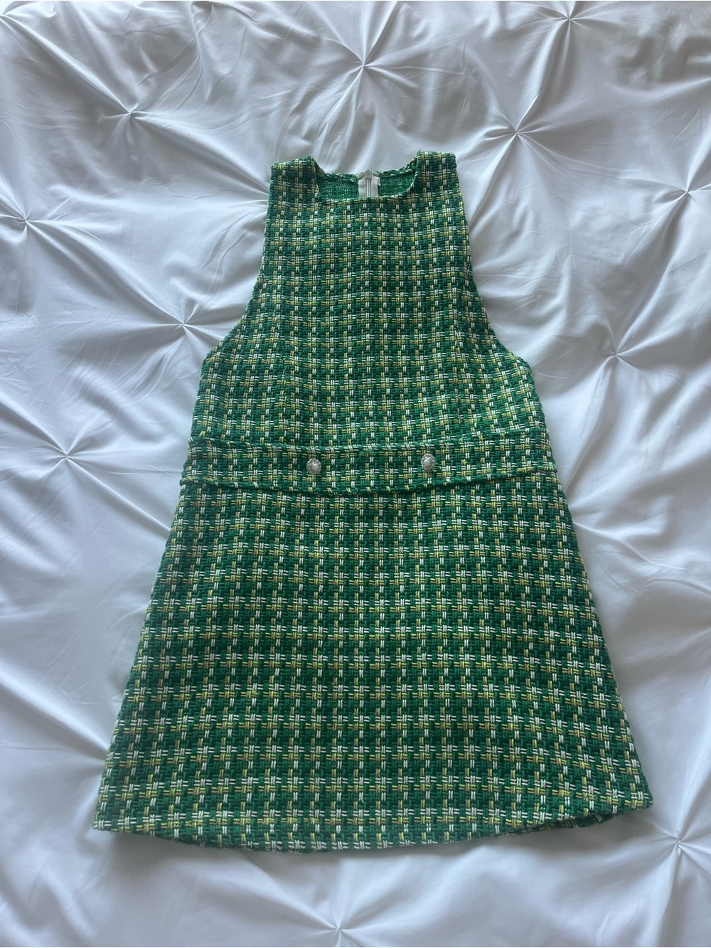J. ING Green Sleeveless Button Detail Tweed Mini Dress w/ Pearl Detail